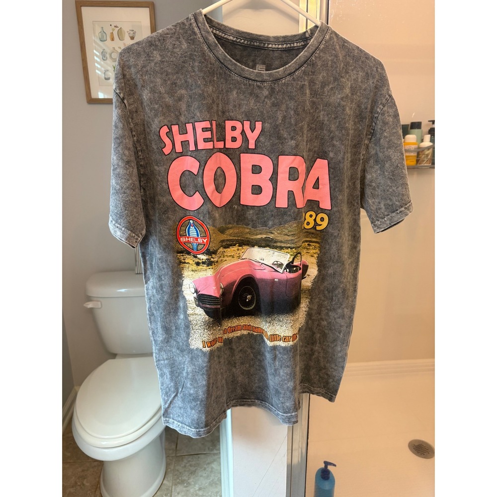 Shelby Cobra Graphic T-Shirt Grey Acid Wash Pink Car Logo Tee Womens Medium